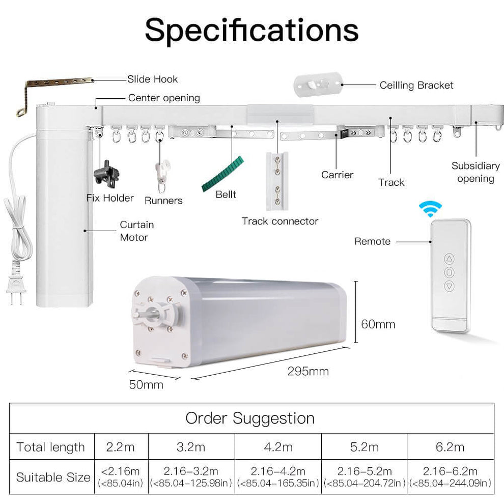 Tuya Smart WiFi Motorized Curtain Kit | Remote & App Control Specifications